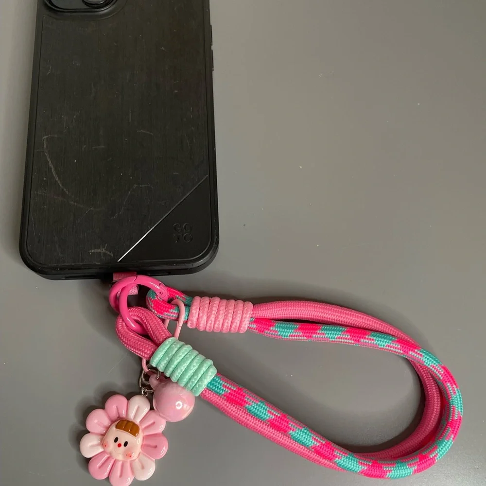 Pink & Teal Floral Charm Phone Wrist Lanyard